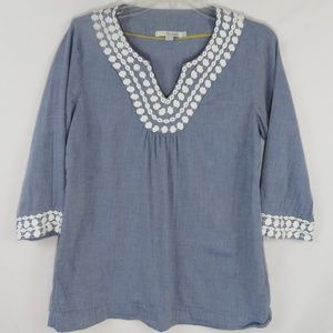 Boden Womens Tunic Top Chambray V-neck Lace
